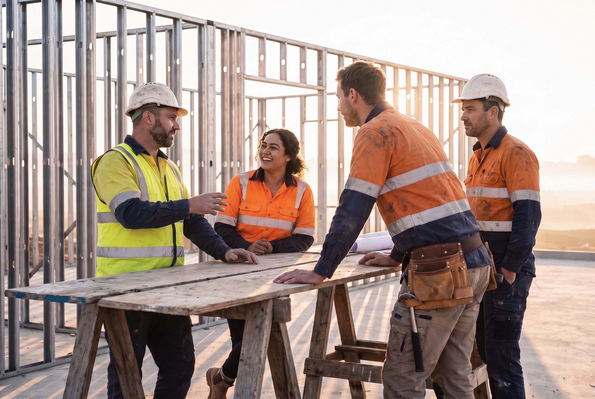 Four of the crew around a trestle table at dawn, mid-conversation, steel wall framing behind them.