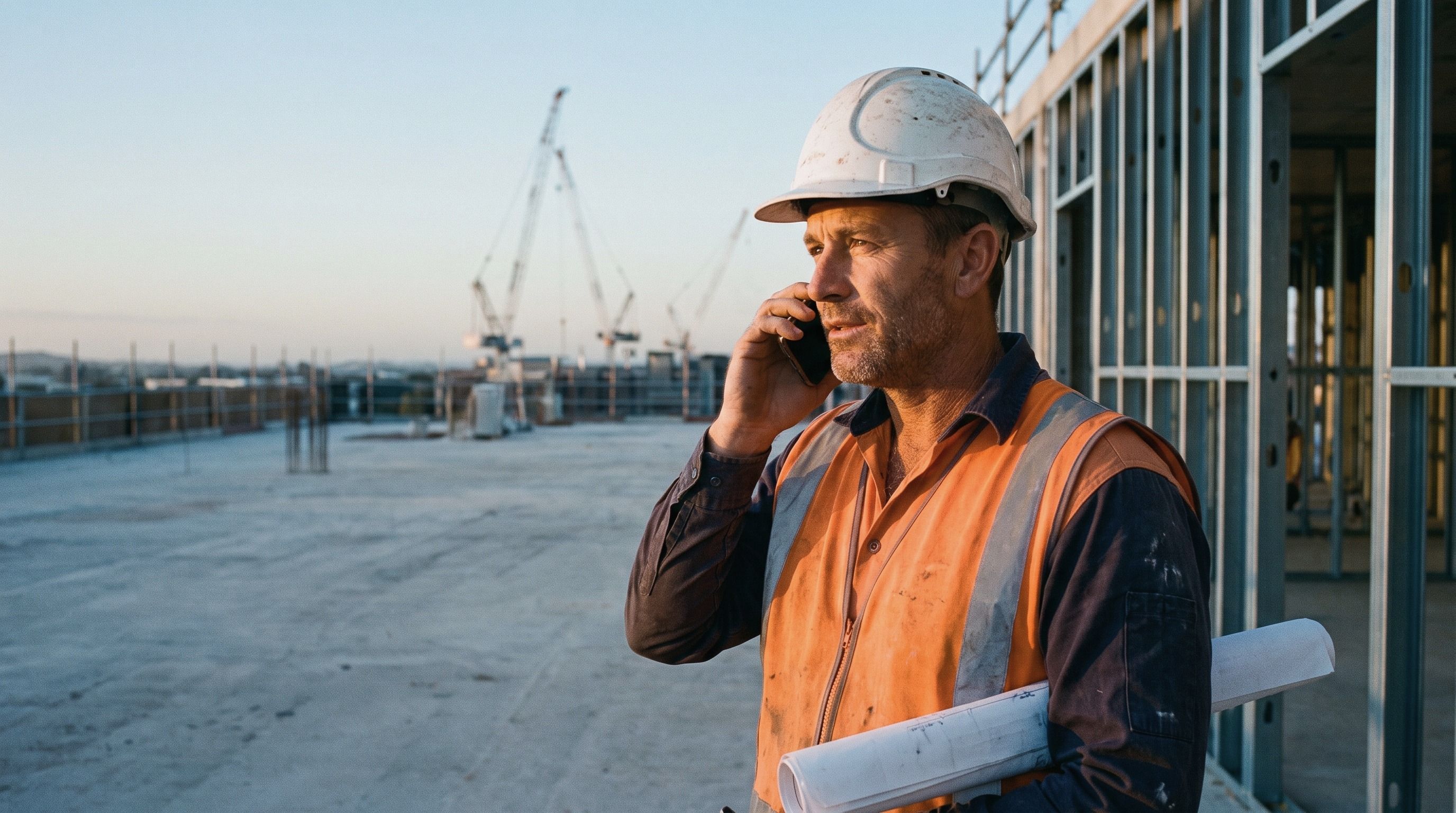 A site supervisor in a hard hat and hi-vis vest talks on his phone at dawn, drawings under his arm, steel wall framing behind him.
