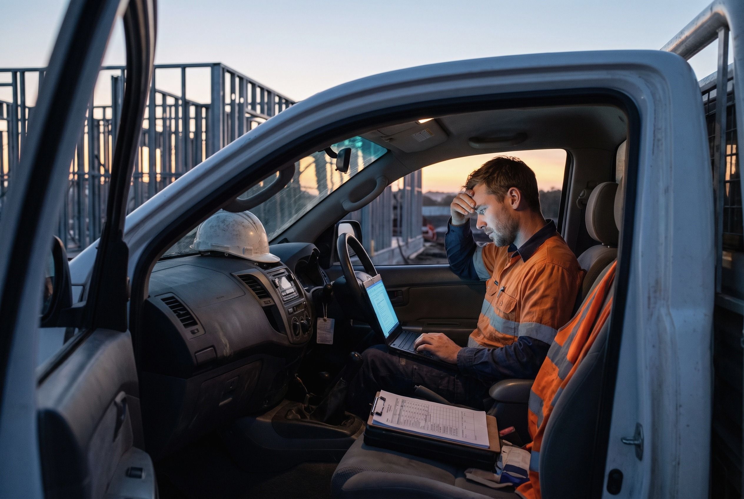 A site supervisor at dusk, sitting in his ute with a laptop against the steering wheel, rubbing his forehead.